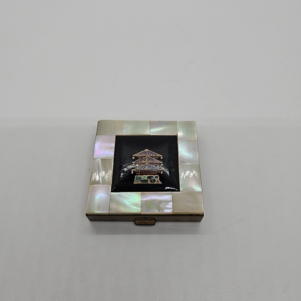 vintage mother of pearl inlay powder compact with pagoda